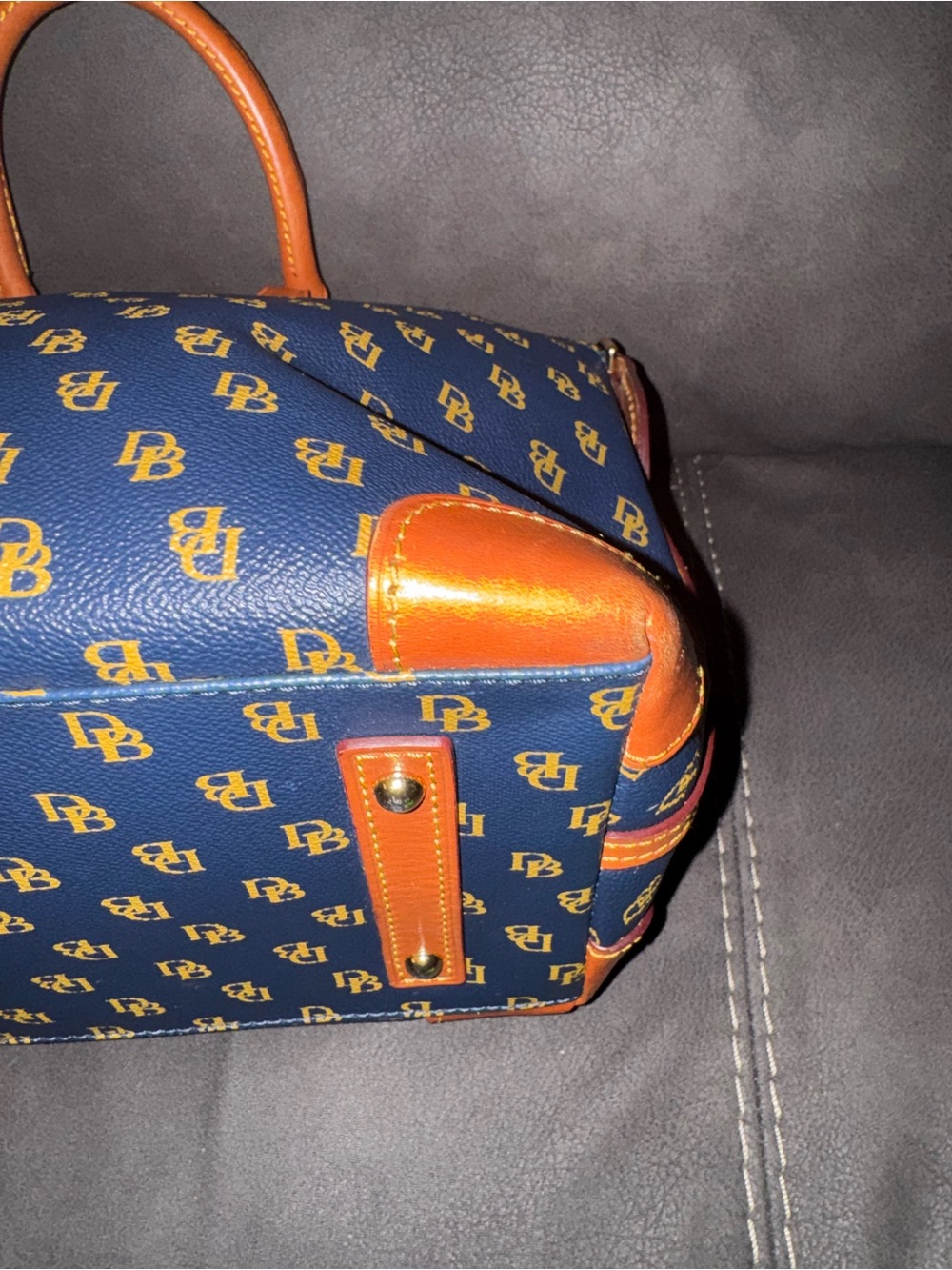 Dooney & Bourke Navy Logo Dome Satchel with Brown Trim - Picture 15 of 16